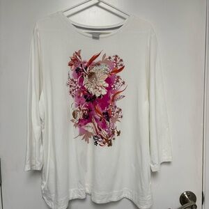 Chico's White Long Sleeve Top with Pink Floral Design